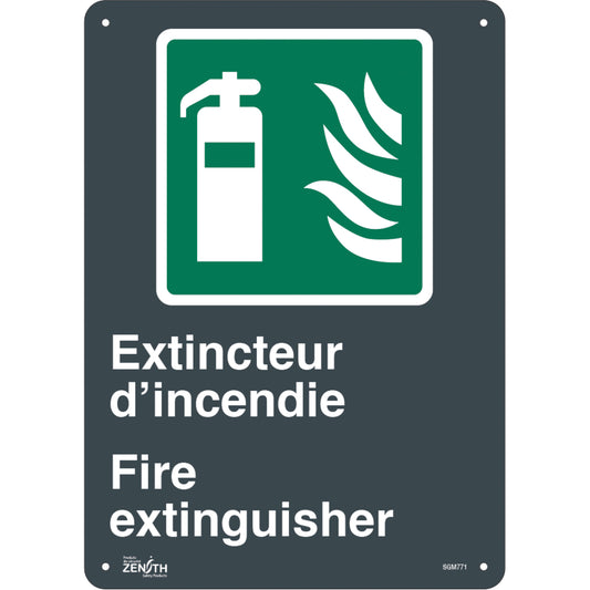 Zenith Safety Products "Extincteur D'Incendie/Fire Extinguisher" Sign, 14" x 10", Aluminum, Bilingual with Pictogram