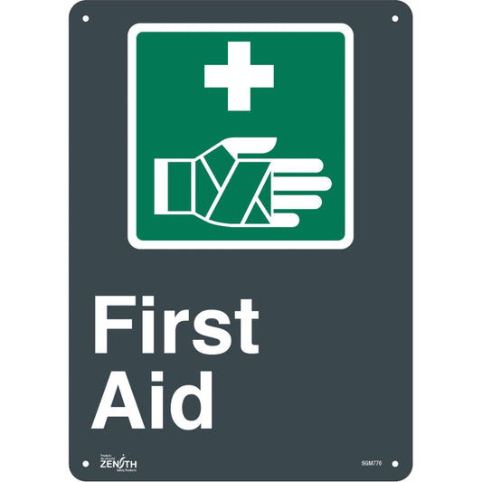 Zenith Safety Products "First Aid" Sign, 14" x 10", Plastic, English with Pictogram