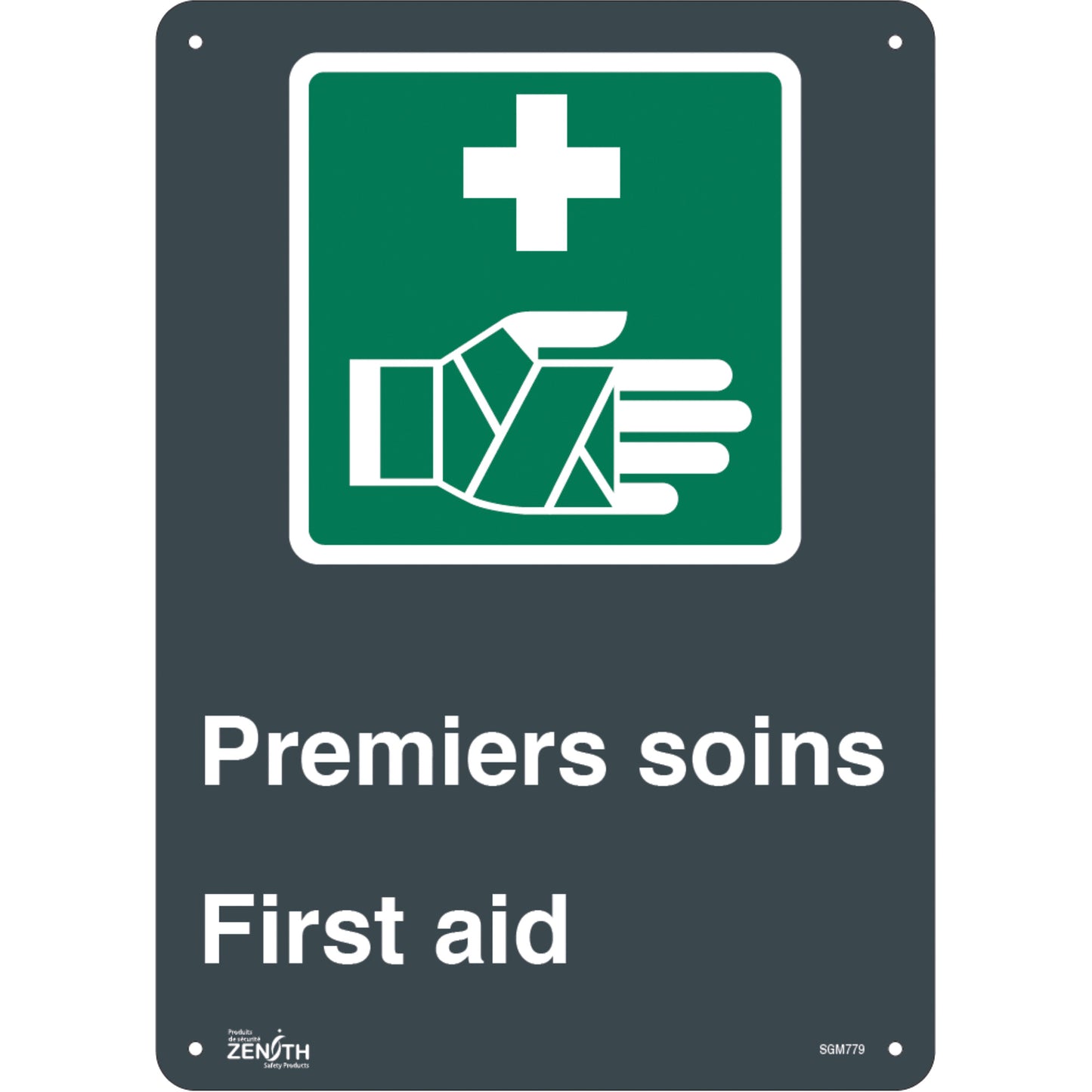 Zenith Safety Products "Premier Soins/First Aid" Sign, 14" x 10", Plastic, Bilingual with Pictogram