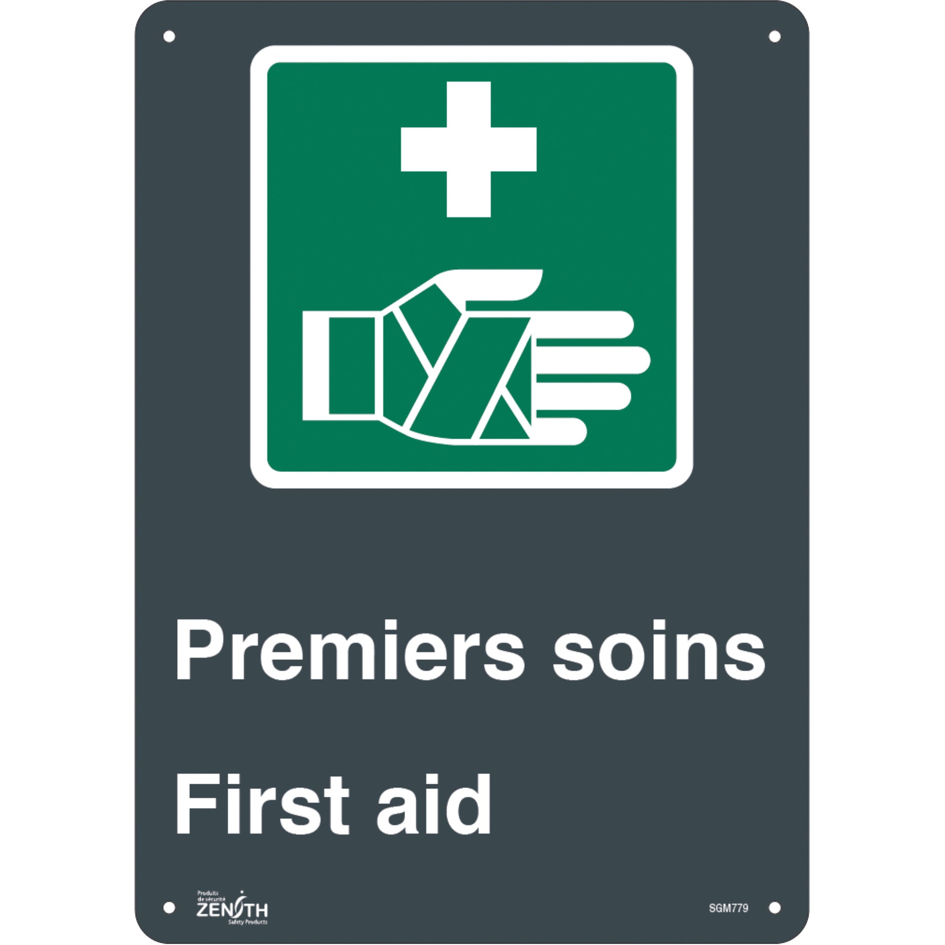 Zenith Safety Products "Premier Soins/First Aid" Sign, 14" x 10", Plastic, Bilingual with Pictogram
