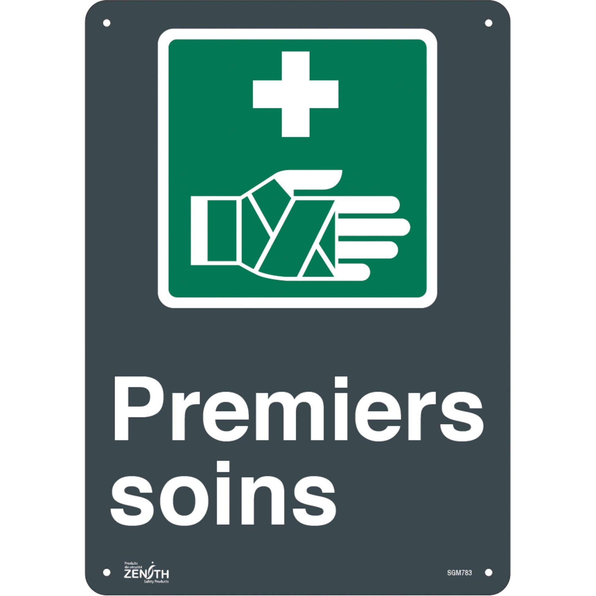 Zenith Safety Products "Premier Soins" Sign, 14" x 10", Aluminum, French with Pictogram