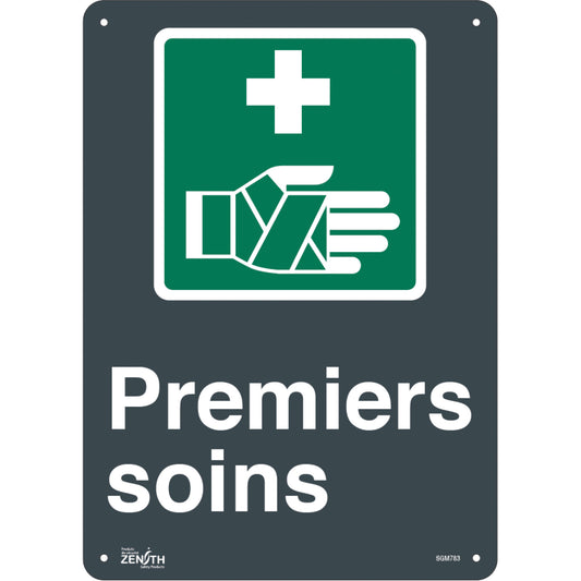 Zenith Safety Products "Premier Soins" Sign, 14" x 10", Aluminum, French with Pictogram