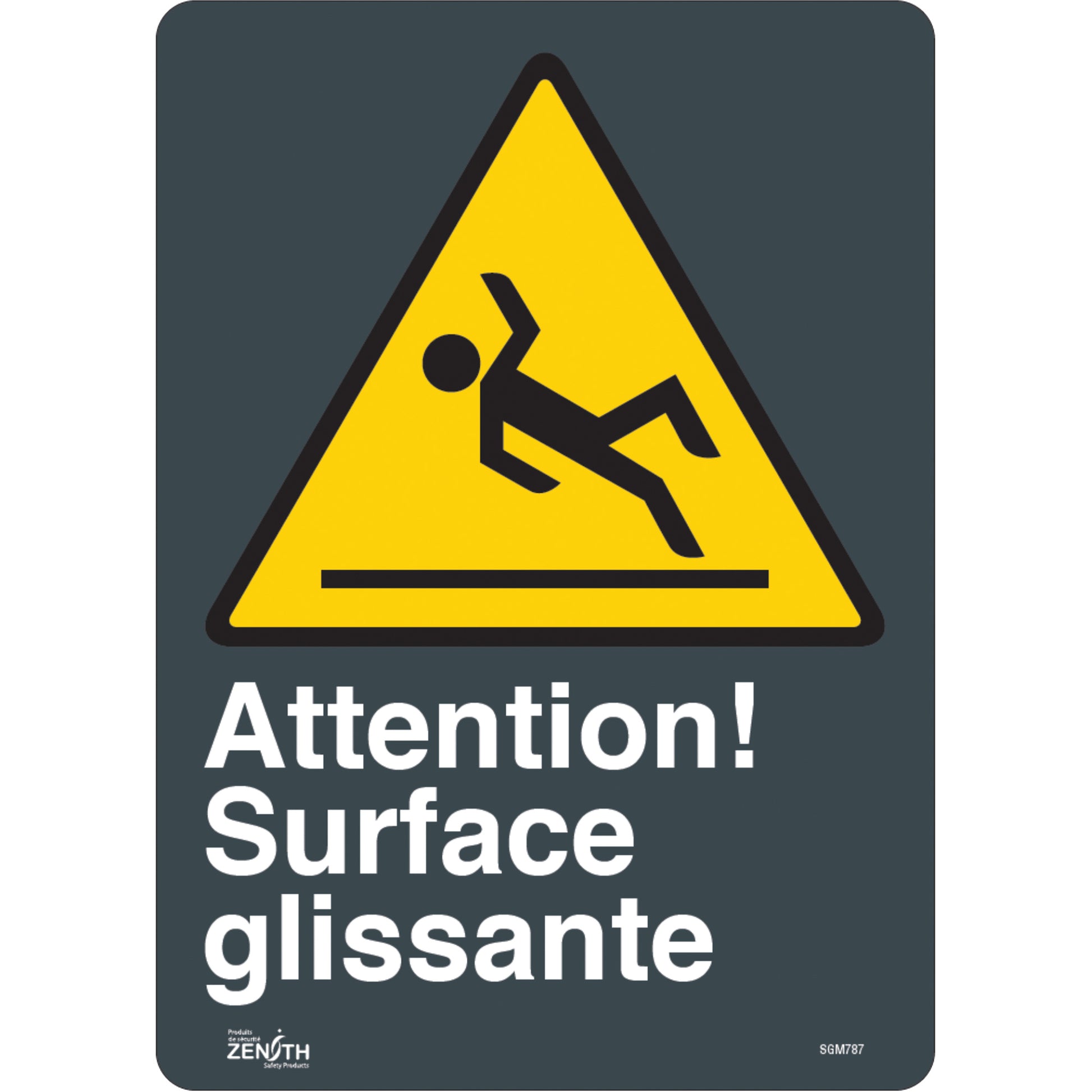 Zenith Safety Products "Surface Glissante" Sign, 14" x 10", Vinyl, French with Pictogram