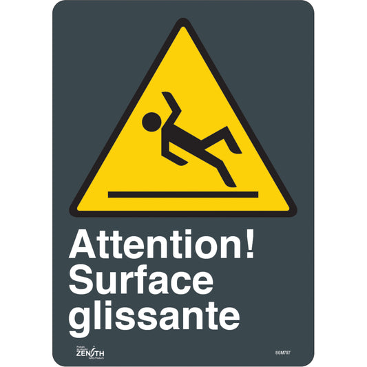 Zenith Safety Products "Surface Glissante" Sign, 14" x 10", Vinyl, French with Pictogram
