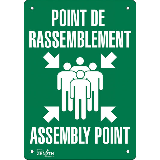 Zenith Safety Products "Point de rassemblement/Assembly Point" Sign, 20" x 14", Aluminum, Bilingual with Pictogram