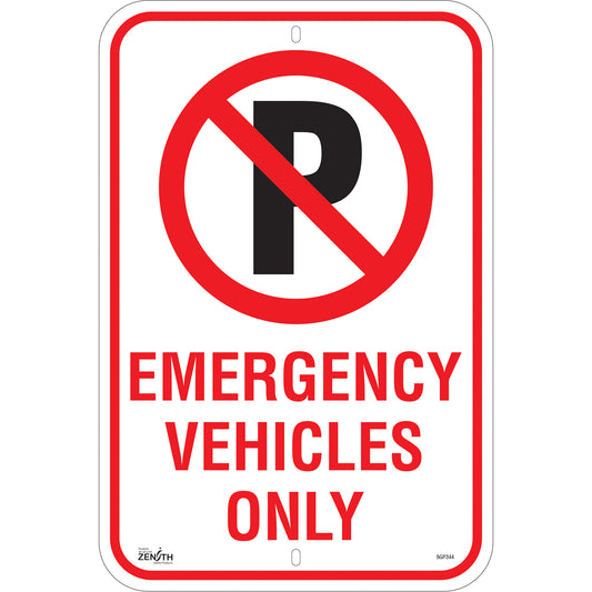 Zenith Safety Products No Parking "Emergency Vehicles Only" Sign, 18" x 12", Aluminum, English with Pictogram