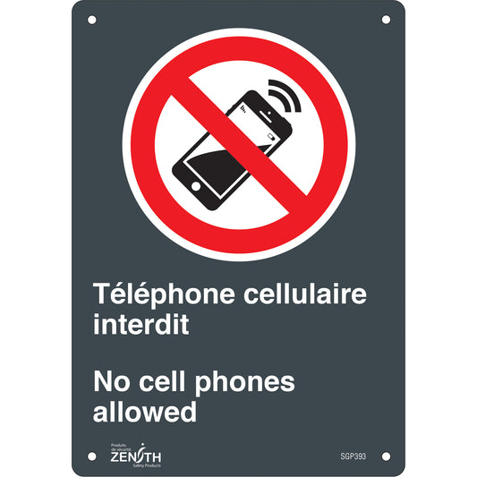 Zenith Safety Products "Téléphone cellulaire interdit /No Cell Phones" Sign, 10" x 7", Plastic, Bilingual with Pictogram
