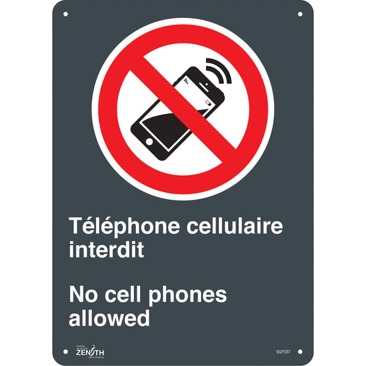 Zenith Safety Products "Téléphone cellulaire interdit /No Cell Phones" Sign, 14" x 10", Aluminum, Bilingual with Pictogram