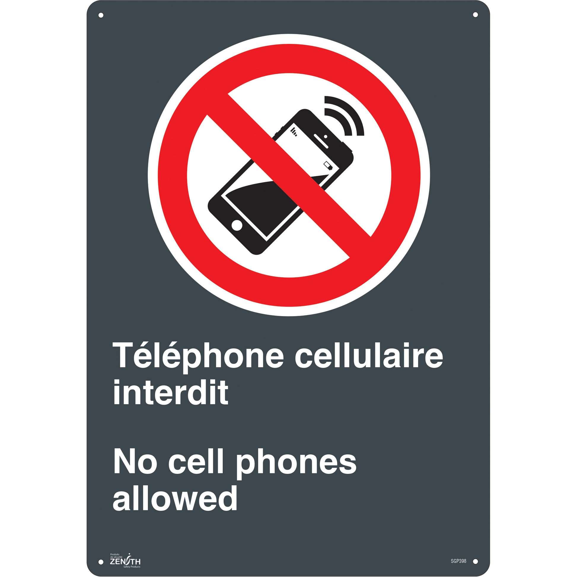 Zenith Safety Products "Téléphone cellulaire interdit /No Cell Phones" Sign, 20" x 14", Plastic, Bilingual with Pictogram