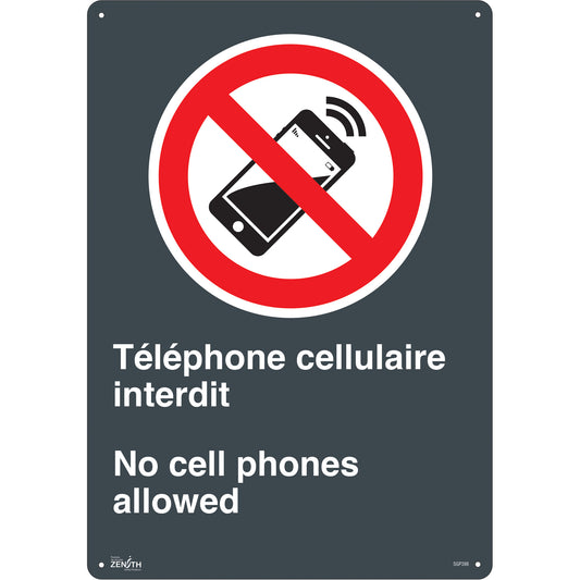 Zenith Safety Products "Téléphone cellulaire interdit /No Cell Phones" Sign, 20" x 14", Plastic, Bilingual with Pictogram