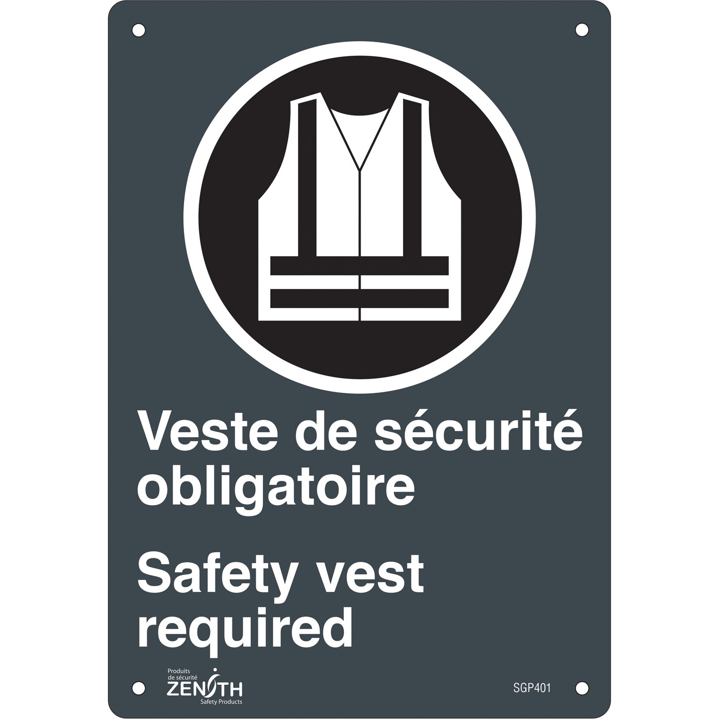Zenith Safety Products "Port du dossard obligatoire/Safety Vest Required" Sign, 10" x 7", Plastic, Bilingual with Pictogram