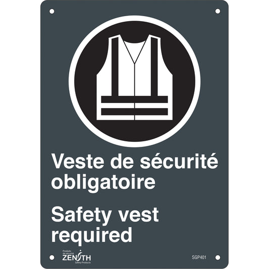 Zenith Safety Products "Port du dossard obligatoire/Safety Vest Required" Sign, 10" x 7", Plastic, Bilingual with Pictogram