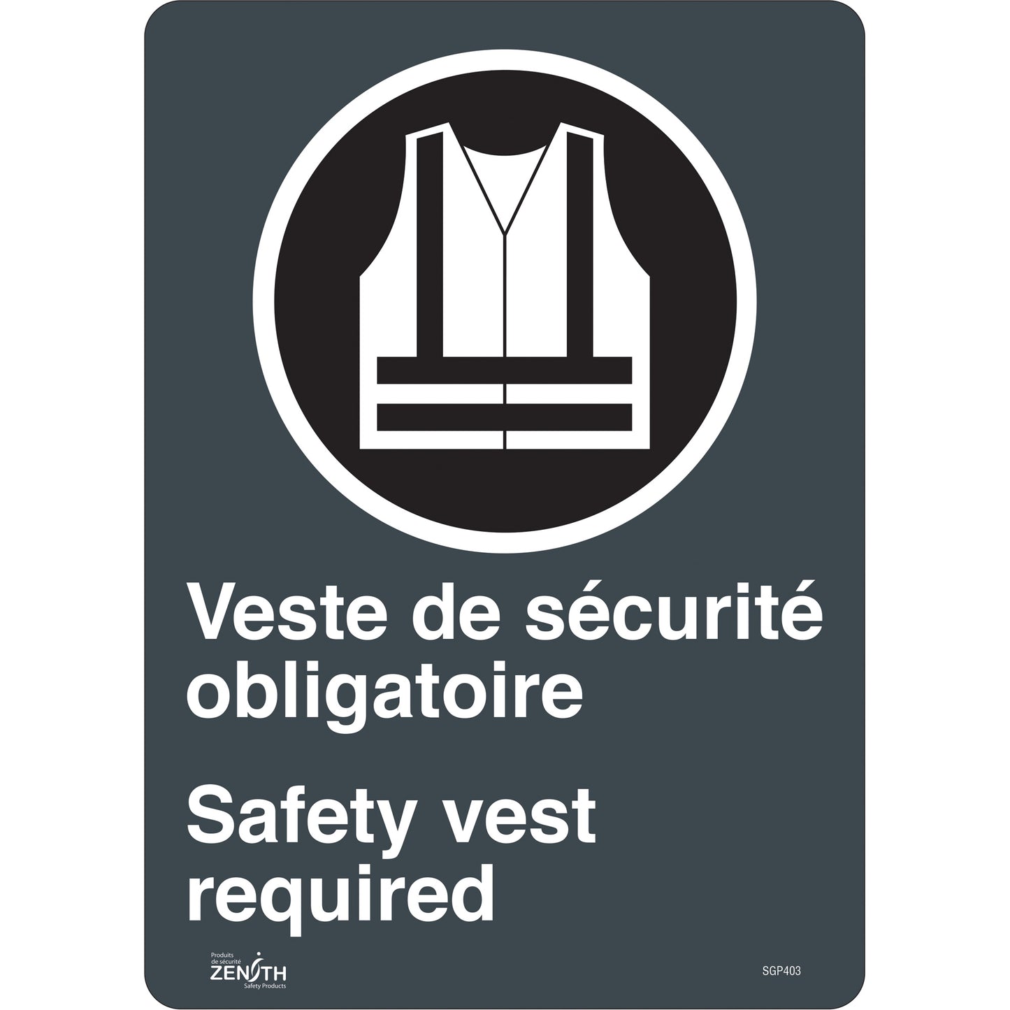 Zenith Safety Products "Port du dossard obligatoire/Safety Vest Required" Sign, 14" x 10", Vinyl, Bilingual with Pictogram