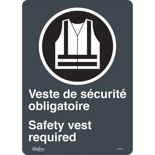 Zenith Safety Products "Port du dossard obligatoire/Safety Vest Required" Sign, 14" x 10", Vinyl, Bilingual with Pictogram