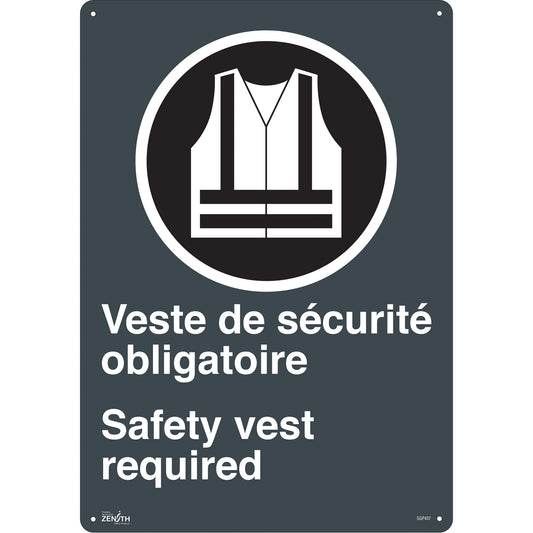 Zenith Safety Products "Port du dossard obligatoire/Safety Vest Required" Sign, 20" x 14", Aluminum, Bilingual with Pictogram