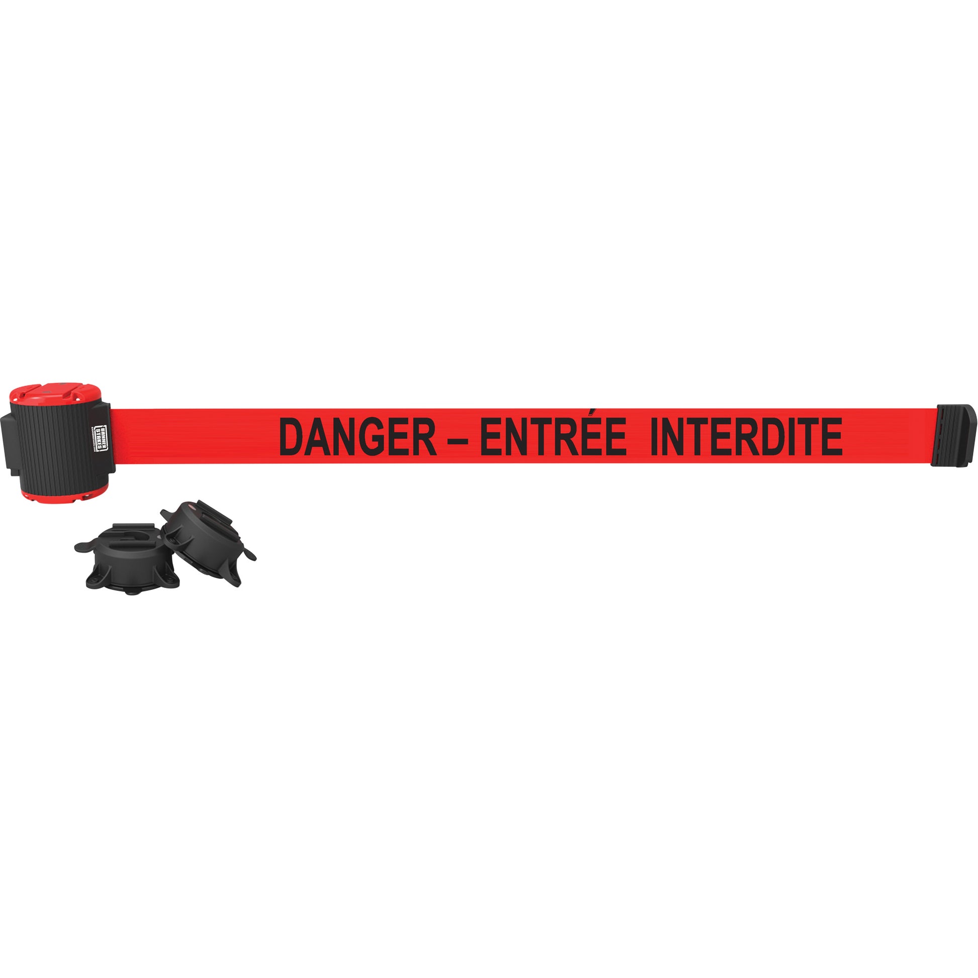 Banner Stakes Wall Mount Barrier, Plastic, Magnetic Mount, 30', Red Tape