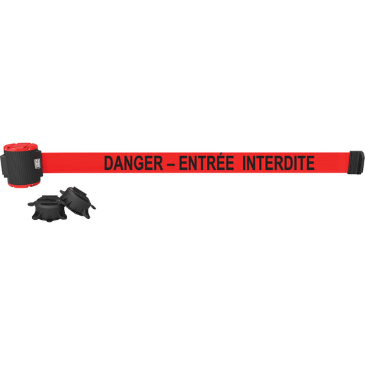Banner Stakes Wall Mount Barrier, Plastic, Magnetic Mount, 30', Red Tape
