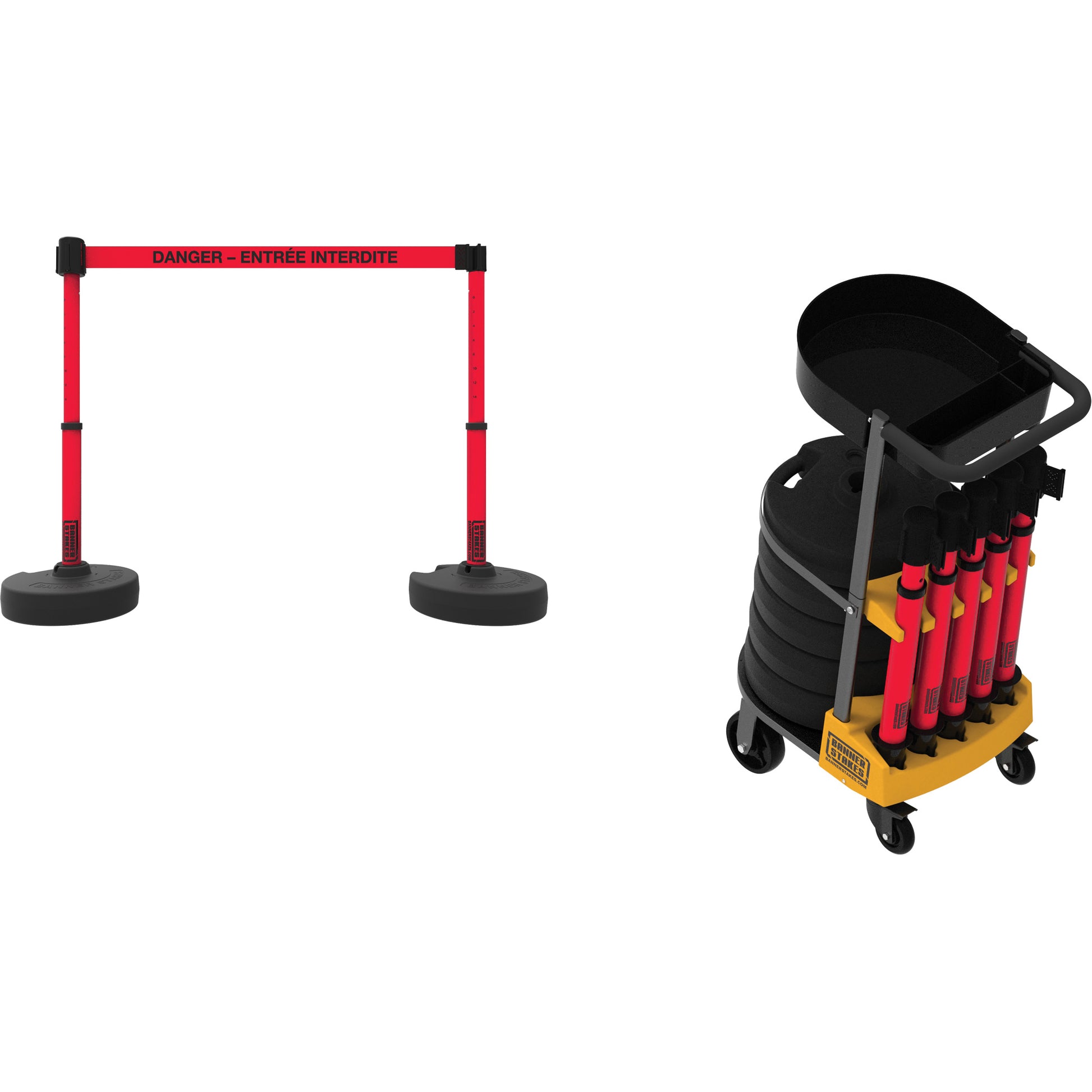 Banner Stakes Plus Portable Barrier System Cart Package with Tray, 75' L, Metal/Plastic, Red