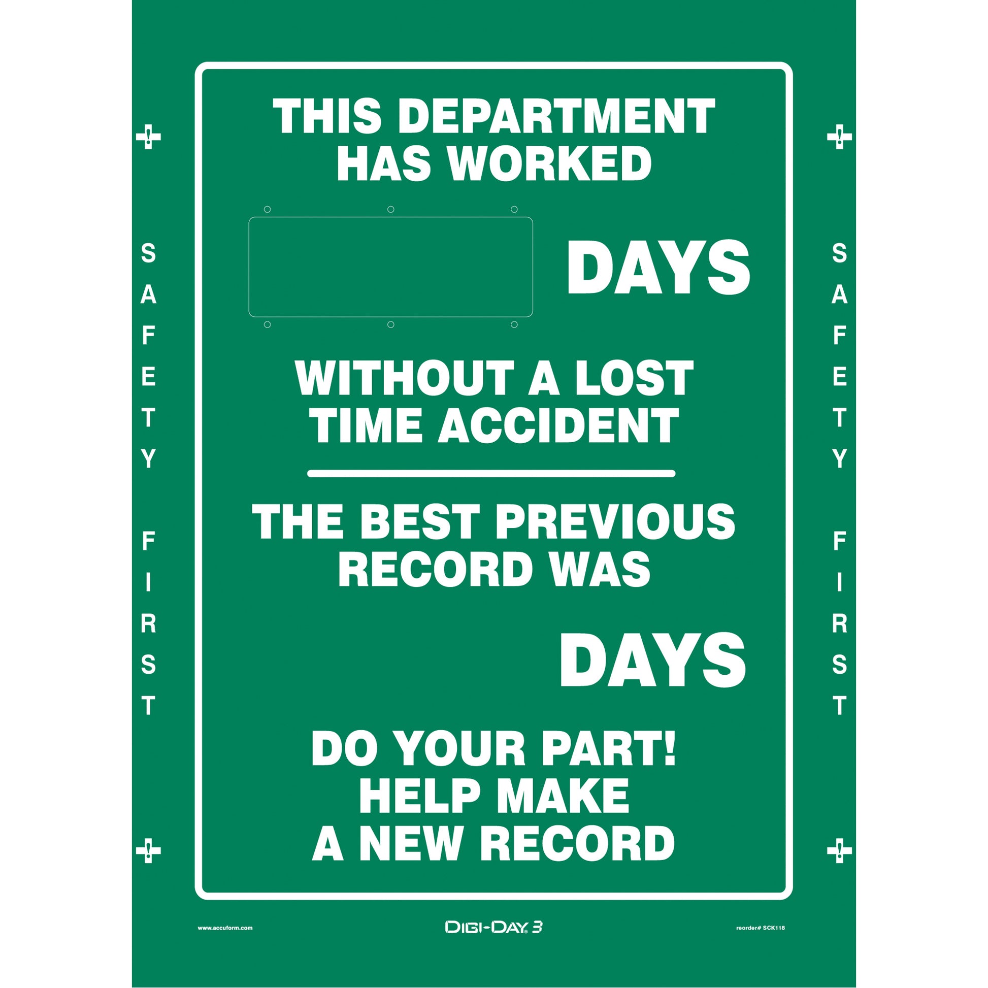 Accuform Signs Digi-Day® Electronic Scoreboard Motivational Safety Sign, 28" x 20", Aluminum, English