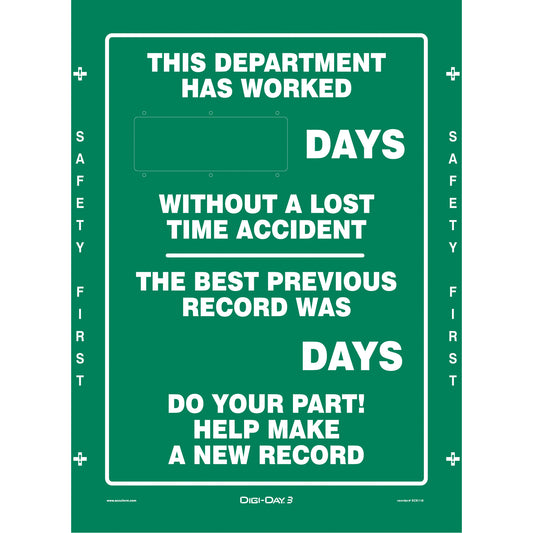 Accuform Signs Digi-Day® Electronic Scoreboard Motivational Safety Sign, 28" x 20", Aluminum, English
