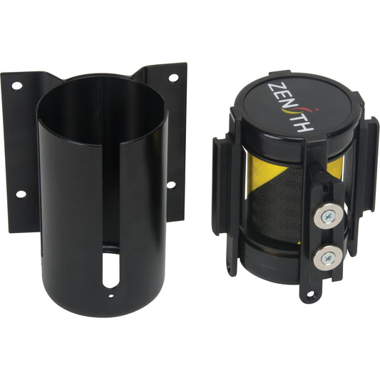 Zenith Safety Products Wall Mount Barrier with Magnetic Tape, Steel, Screw Mount, 7', Black and Yellow Tape