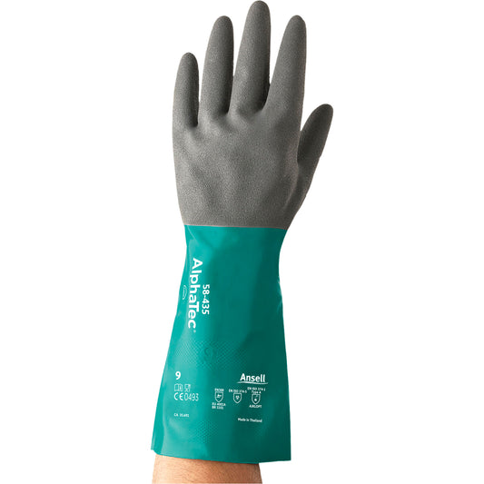 Ansell AlphaTec® 58-435 Series Chemical Resistant Gloves, Size 9, 15" L, Nitrile, Cotton/Flock-Lined Inner Lining, 10-mil