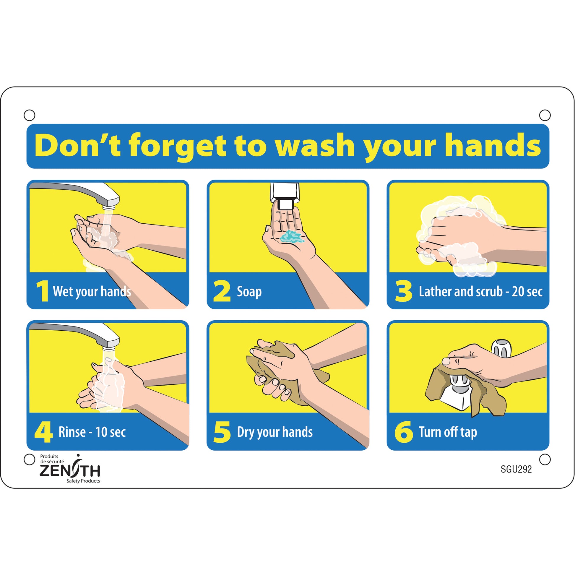 Zenith Safety Products "Don't Forget to Wash Your Hands" Pictogram Sign, 7" x 10", Aluminum, English with Pictogram