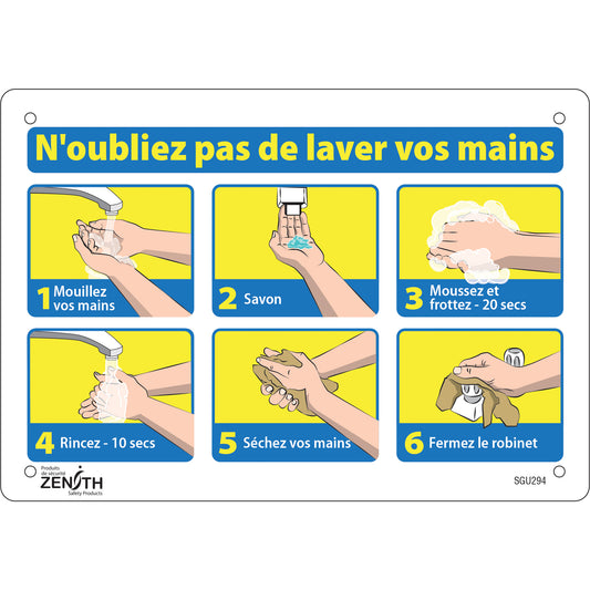 Zenith Safety Products "N'oubliez pas de laver vos mains" Sign, 7" x 10", Plastic, French with Pictogram
