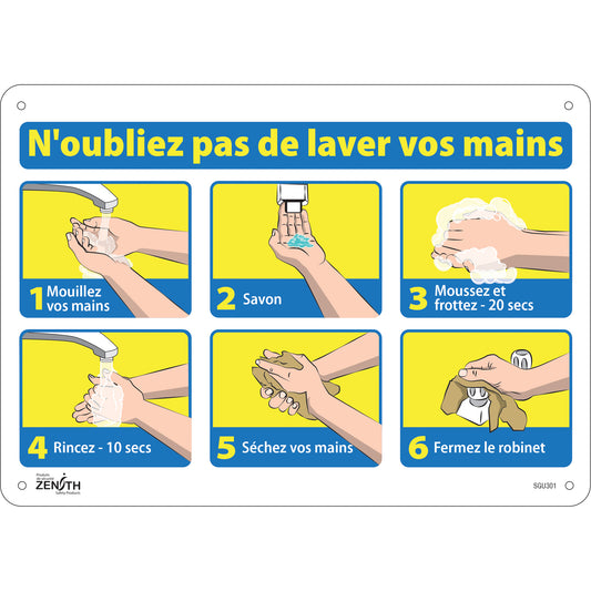 Zenith Safety Products "N'oubliez pas de laver vos mains" Sign, 10" x 14", Aluminum, French with Pictogram