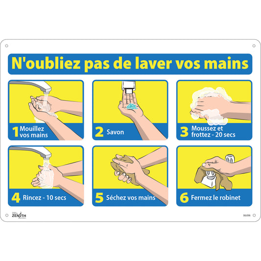 Zenith Safety Products "N'oubliez pas de laver vos mains" Sign, 14" x 20", Plastic, French with Pictogram