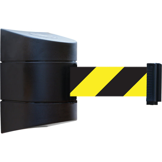 Tensator Tensabarrier® Wall Unit, Steel, Screw Mount, 30', Black and Yellow Tape