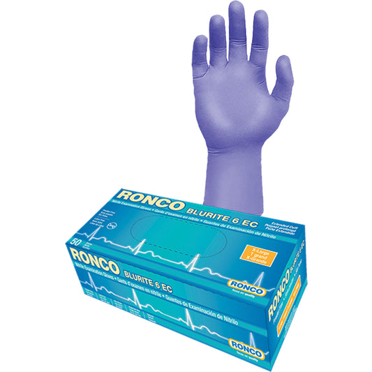 Ronco Blurite 6 EC Extended Cuff Examination Gloves, Medium, Nitrile, 6-mil, Powder-Free, Purple, Class 2