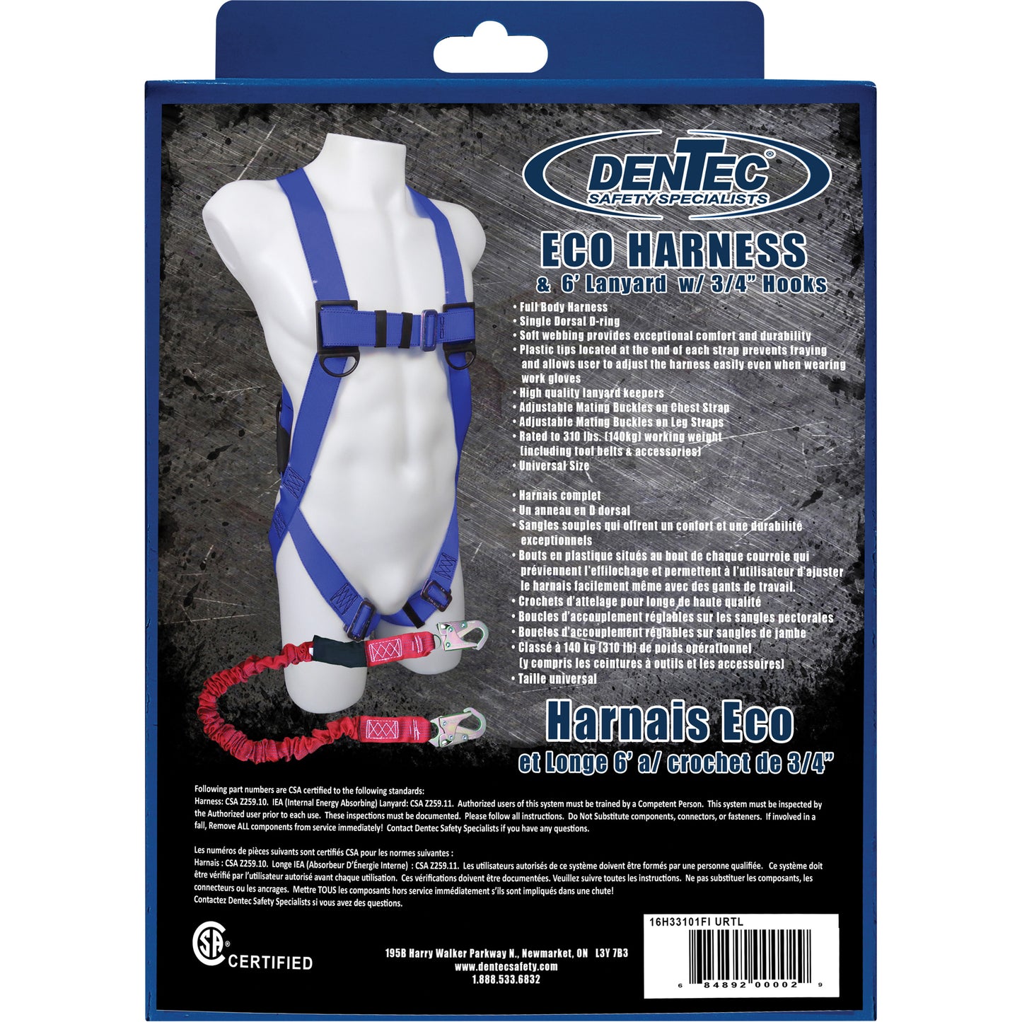 Dentec Eco Harness with Lanyard, CSA Certified, Class A, 310 lbs. Cap.