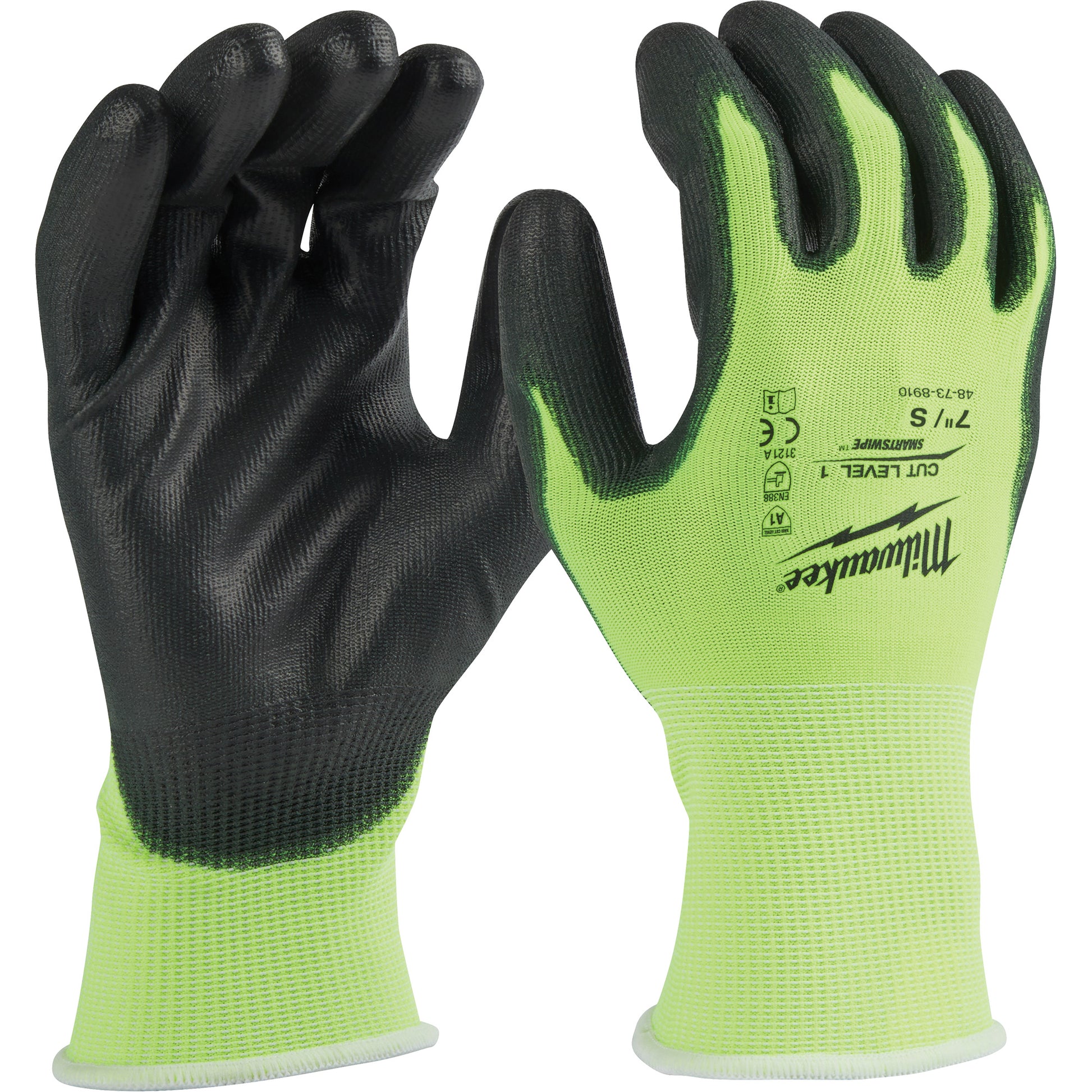 Milwaukee High Visibility Dipped Gloves, Size X-Large, 15 Gauge, Polyurethane Coated, Polyethylene Shell, ASTM ANSI Level A1