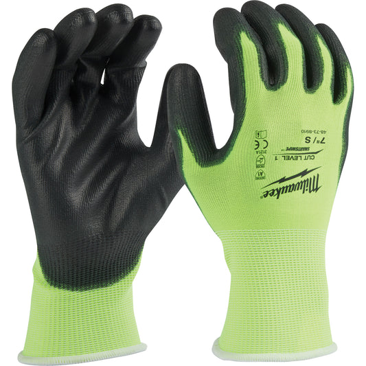 Milwaukee High Visibility Dipped Gloves, Size X-Large, 15 Gauge, Polyurethane Coated, Polyethylene Shell, ASTM ANSI Level A1