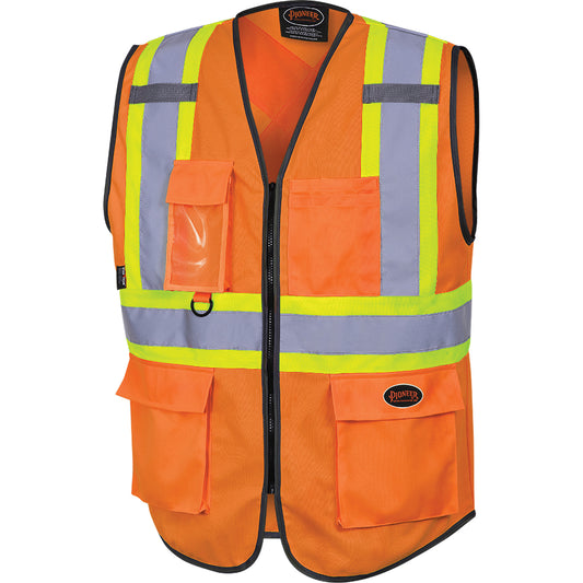 Pioneer 6958 Zipper Front Safety Vest, High Visibility Orange, Medium, Polyester