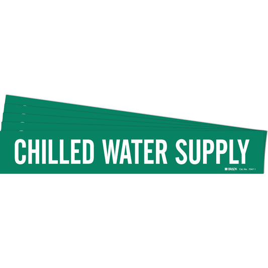 Brady "Chilled Water Supply" Pipe Marker, Self-Adhesive, 2-1/4" H x 14" W, White on Green