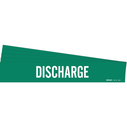 Brady "Discharge" Pipe Marker, Self-Adhesive, 2-1/4" H x 14" W, White on Green