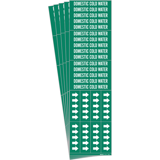 Brady "Domestic Cold Water" Pipe Marker, Self-Adhesive, 2-1/4" H x 2-3/4" W, White on Green