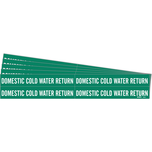 Brady "Domestic Cold Water Return" Pipe Markers, Self-Adhesive, 1-1/8" H x 7" W, White on Green