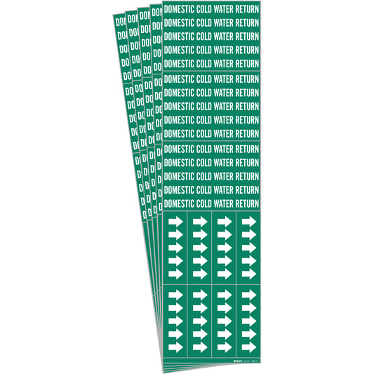 Brady "Domestic Cold Water Return" Pipe Markers, Self-Adhesive, 2-1/4" H x 2-3/4" W, White on Green