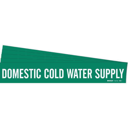 Brady "Domestic Cold Water Supply" Pipe Marker, Self-Adhesive, 2-1/4" H x 14" W, White on Green