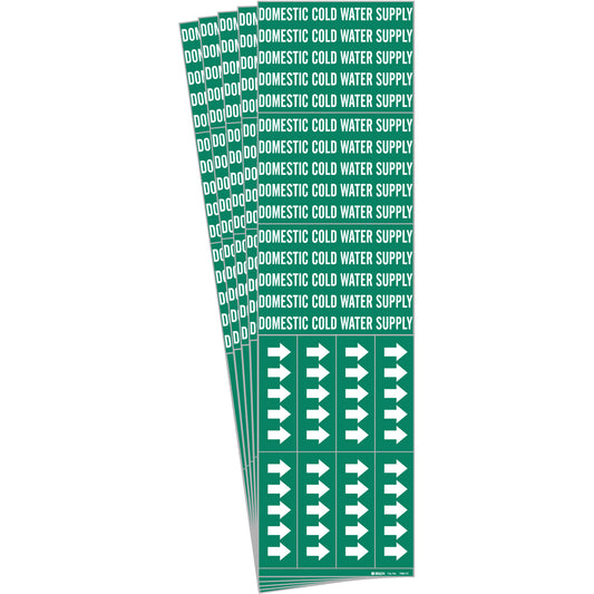 Brady "Domestic Cold Water Supply" Pipe Markers, Self-Adhesive, 2-1/4" H x 2-3/4" W, White on Green