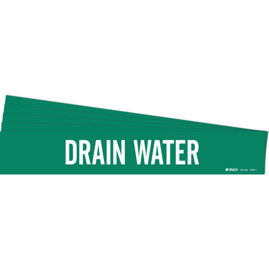 Brady "Drain Water" Pipe Marker, Self-Adhesive, 2-1/4" H x 14" W, White on Green