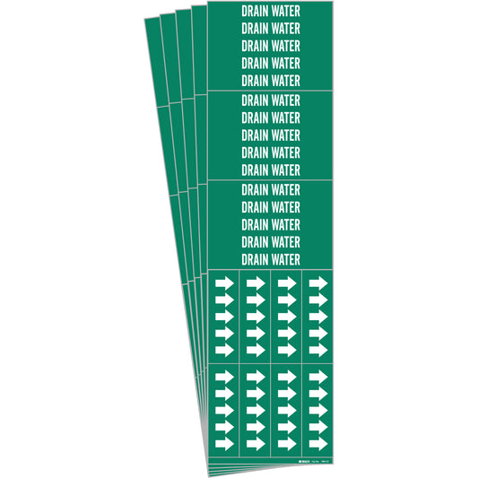 Brady "Drain Water" Pipe Markers, Self-Adhesive, 2-1/4" H x 2-3/4" W, White on Green