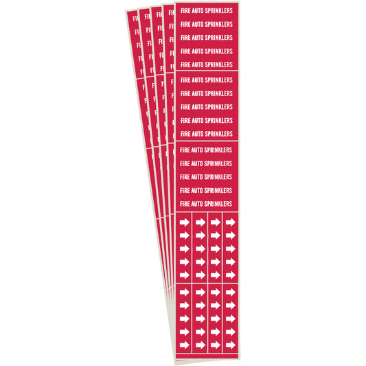 Brady "Fire Auto Sprinklers" Pipe Markers, Self-Adhesive, 2-1/4" H x 2-3/4" W, White on Red