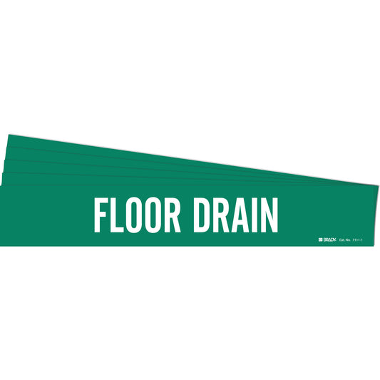 Brady "Floor Drain" Pipe Marker, Self-Adhesive, 2-1/4" H x 14" W, White on Green
