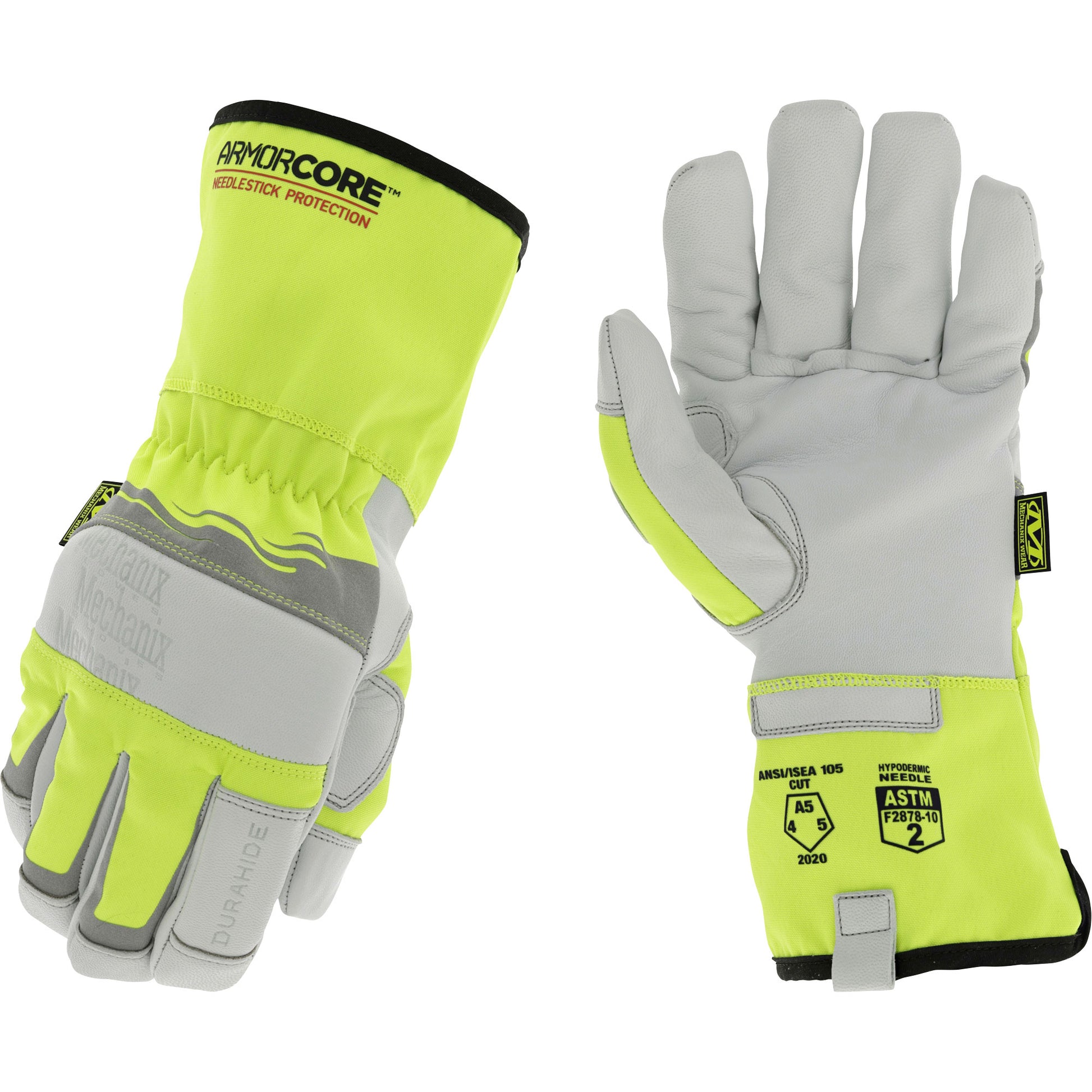 Mechanix Wear Hi-Viz Needlestick Protection Gloves, Size Medium, Polyurethane Coated, DuraHide™ Shell, ASTM ANSI Level A5