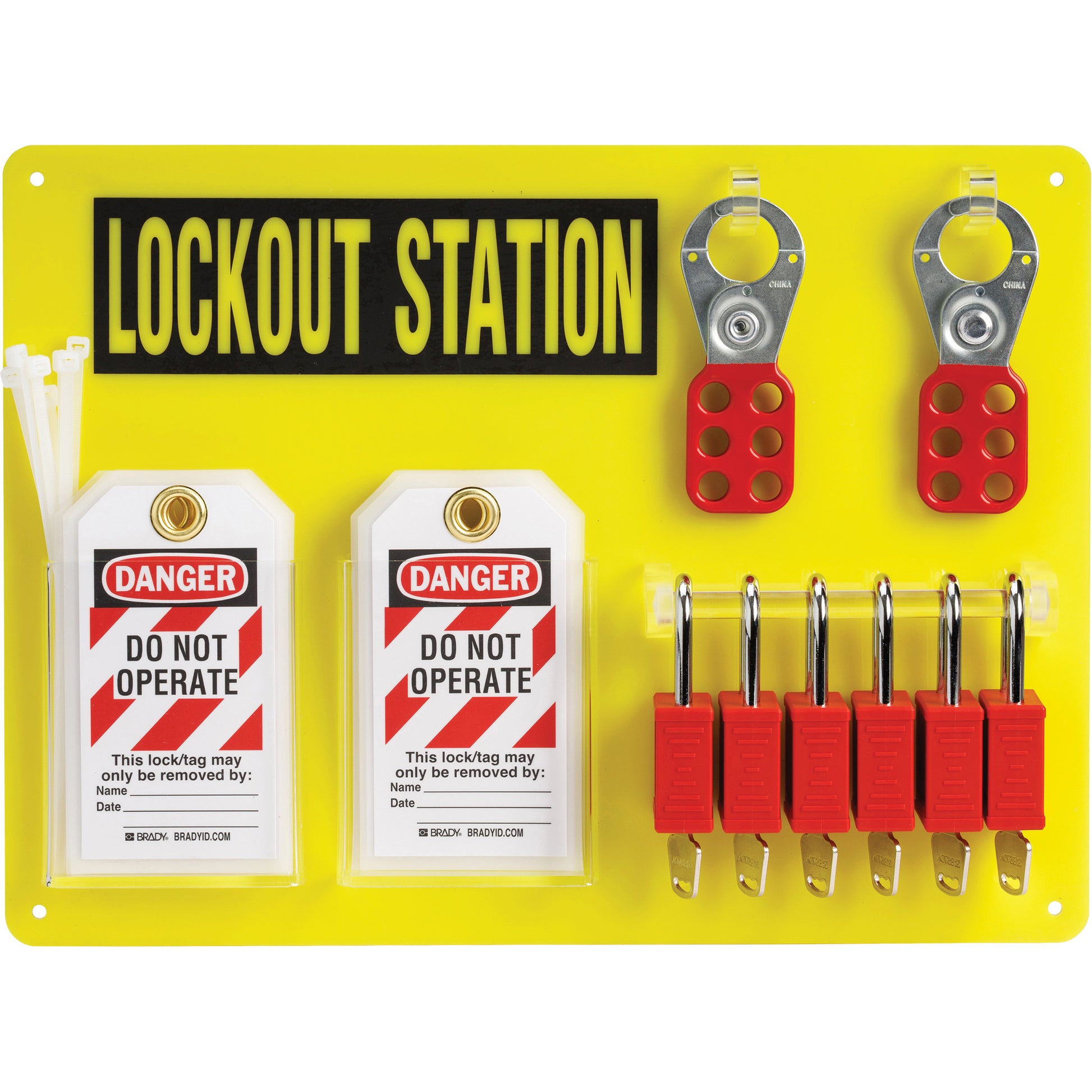 Brady Lockout Board with Keyed Alike Nylon Safety Lockout Padlocks, Plastic Padlocks, 6 Padlock Capacity, Padlocks Included