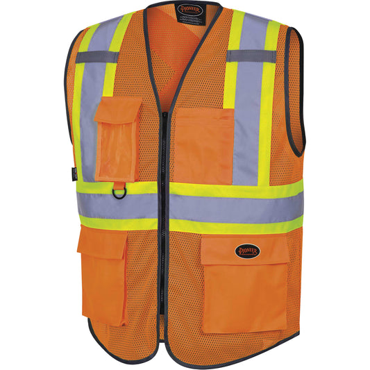 Pioneer 6960 Front Mesh Safety Vest, High Visibility Orange, Small, Polyester